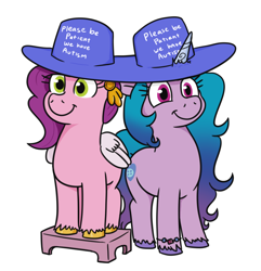 Size: 760x790 | Tagged: safe, artist:jargon scott, izzy moonbow, pipp petals, pegasus, pony, unicorn, g5, autism, autistic izzy moonbow, bracelet, colored, commission, digital art, duo, duo female, female, footstool, friendship bracelet, hat, horn, horn impalement, izzy impaling things, jewelry, mare, marelet, meme, pipp is short, please be patient i have autism, simple background, smiling, unshorn fetlocks, white background