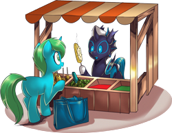 Size: 1714x1330 | Tagged: safe, artist:nauyaco, oc, oc:w. rhinestone eyes, changeling, honeypot changeling, pony, unicorn, butt, color, corn, female, food, food stand, mare, plot, simple background, transparent background, vendor, vendor stall