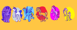 Size: 12600x5000 | Tagged: safe, artist:littleempressbee, applejack, fluttershy, pinkie pie, rainbow dash, rarity, twilight sparkle, alicorn, earth pony, pegasus, pony, unicorn, g4, absurd resolution, mane six, orange background, simple background, style emulation, the last unicorn, twilight sparkle (alicorn)