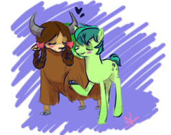 Size: 6300x5000 | Tagged: safe, artist:littleempressbee, sandbar, yona, earth pony, pony, yak, g4, abstract background, absurd resolution, blush sticker, blushing, bow, cloven hooves, duo, eyes closed, female, floating heart, hair bow, heart, holding hooves, male, monkey swings, ship:yonabar, shipping, simple background, straight, transparent background