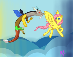 Size: 6300x5000 | Tagged: safe, artist:littleempressbee, discord, fluttershy, draconequus, pegasus, pony, g4, absurd resolution, cloud, duo, female, flying, male, no pupils, ship:discoshy, shipping, straight