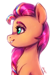 Size: 1628x2308 | Tagged: safe, artist:buttersprinkle, sunny starscout, earth pony, pony, g5, female, mane stripe sunny, mare, multicolored hair, profile, signature, simple background, smiling, solo, white background