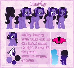 Size: 1280x1184 | Tagged: safe, artist:misscupcake333, artist:paradiseskeletons, oc, oc:faefly, insect, moth, pegasus, pony, female, mare, purple, reference sheet, solo