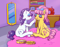 Size: 6300x5000 | Tagged: safe, artist:littleempressbee, fluttershy, rarity, pegasus, pony, unicorn, g4, absurd resolution, alternate hairstyle, bow, duo, eyeshadow, female, hair bow, makeover, makeup, mare, mirror, powder puff, sewing machine, slumber party, smiling