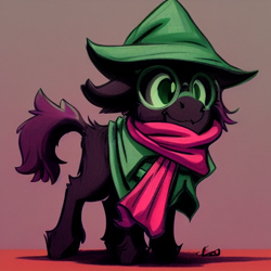 Size: 512x512 | Tagged: safe, ai assisted, ai content, editor:paracompact, generator:purplesmart.ai, generator:stable diffusion, pony, black coat, clothes, cute, deltarune, glasses, gradient background, hat, male, ponified, ralsei, scarf, simple background, stallion