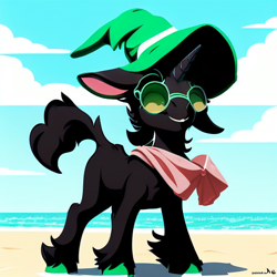 Size: 512x512 | Tagged: safe, ai assisted, ai content, editor:paracompact, generator:purplesmart.ai, generator:stable diffusion, pony, unicorn, beach, black coat, clothes, cute, deltarune, eyes closed, glasses, gradient background, hat, male, missing accessory, ponified, ralsei, scarf, simple background, stallion