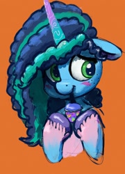 Size: 1472x2048 | Tagged: safe, artist:phutashi, misty brightdawn, pony, unicorn, g5, blushing, bust, cute, drinking, female, floppy ears, freckles, mare, orange background, simple background, smoothie, solo, that pony sure does love smoothies, unshorn fetlocks