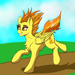 Size: 2223x2223 | Tagged: safe, artist:crimsonwolf360, spitfire, pegasus, pony, g4, cloud, female, grass, grin, high res, jogging, mare, morning, sky, smiling, solo