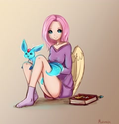 Size: 3248x3384 | Tagged: safe, artist:miokomata, fluttershy, human, g4, book, carbuncle, clothes, crossover, cute, duo, female, final fantasy, freckles, freckleshy, gradient background, high res, humanized, legs, looking at you, mare, shyabetes, smiling, smiling at you, socks, stocking feet, winged humanization, wings
