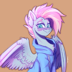 Size: 2048x2048 | Tagged: safe, artist:yumkandie, oc, oc only, oc:skyline, pegasus, pony, brown background, clothes, ear piercing, female, high res, hoodie, looking at you, mare, mohawk, pegasus oc, piercing, simple background, smiling, solo, wings