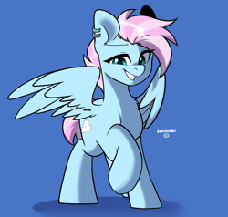 Size: 2730x2600 | Tagged: safe, artist:cottonsweets, oc, oc only, oc:skyline, pegasus, pony, blue background, ear piercing, female, high res, mare, mohawk, pegasus oc, piercing, simple background, solo