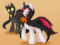 Size: 4155x3152 | Tagged: safe, artist:pearlyiridescence, oc, oc only, oc:flavis, oc:siren, changeling, pegasus, pony, candy, changeling oc, cloak, clothes, confused, costume, cute, eyes closed, female, food, halloween, halloween costume, holiday, male, mare, mouth hold, pumpkin bucket, scarf, simple background, smiling, stallion, tentacles, trotting, yellow changeling