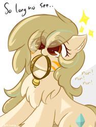 Size: 1200x1600 | Tagged: safe, artist:grithcourage, oc, oc only, oc:grith courage, earth pony, pony, adorable face, bell, bell collar, brown mane, chest fluff, collar, cute, excited, female, happy, jewelry, looking up, mouth hold, necklace, nom, red eyes, simple background, solo, text, white background