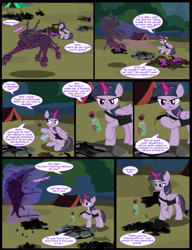 Size: 1042x1358 | Tagged: safe, artist:dendoctor, mean twilight sparkle, alicorn, pony, timber wolf, comic:clone.., g4, alternate universe, bag, bottle, clone, comic, everfree forest, female, glowing, glowing horn, horn, magic, mare, saddle bag, telekinesis, tent, twilight sparkle (alicorn)