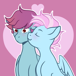 Size: 1333x1330 | Tagged: safe, artist:vatutina, oc, oc only, oc:morganette larimar, oc:skyline, pegasus, pony, blushing, duo, female, mare, mohawk, outline, pegasus oc, white outline