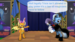 Size: 640x360 | Tagged: source needed, useless source url, safe, artist:ask-the-luna-knight, smolder, trixie, dragon, pony, unicorn, g4, 3d, bunny ears, duo, playing card, source filmmaker, speech bubble, stage, text