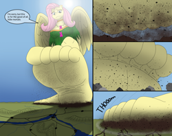 Size: 2840x2250 | Tagged: safe, artist:az12lol, fluttershy, pegasus, anthro, plantigrade anthro, g4, barefoot, barefooting, big feet, breasts, comic, feet, female, fetish, flutterfeet, foot fetish, foot focus, giantess, giga, giga giant, goddess, high res, macro, macro/micro, mega giant, soles, solo