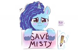 Size: 1992x1356 | Tagged: safe, artist:mar0x8, misty brightdawn, pony, unicorn, g5, my little pony: make your mark, my little pony: make your mark chapter 2, spoiler:my little pony: make your mark chapter 2, amogus eyes, among us, crying, female, mare, meme, pencil, sad, sign, solo