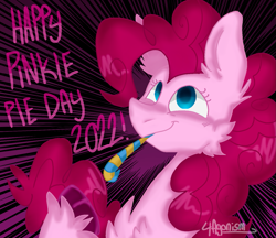 Size: 1407x1217 | Tagged: safe, artist:4agonism, pinkie pie, earth pony, pony, g4, bust, cheek fluff, chest fluff, curly hair, ear fluff, female, happy, hoof fluff, mare, party horn, pinkie pie day, pinkie pie day 2022, raised hoof, smiling, solo, sunburst background, unshorn fetlocks