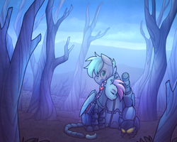 Size: 1280x1024 | Tagged: safe, artist:magicstarfriends, oc, oc only, oc:alabaster, oc:skyline, pegasus, pony, fallout equestria, armor, dead tree, duo, enclave, enclave armor, fallout, female, forest, gun, helmet, magical energy weapon, male, mare, mask, minigun, mohawk, novasurge rifle, power armor, stallion, tree, weapon