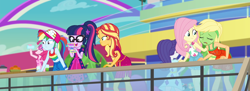 Size: 2952x1080 | Tagged: safe, composite screencap, edit, edited screencap, screencap, applejack, fluttershy, pinkie pie, rainbow dash, rarity, sci-twi, sunset shimmer, twilight sparkle, human, equestria girls, equestria girls series, g4, spring breakdown, spoiler:eqg series (season 2), bare shoulders, baseball cap, cap, clothes, cruise outfit, dress, female, front knot midriff, geode of empathy, geode of super speed, geode of telekinesis, glasses, green face, hairclip, hat, humane five, humane seven, humane six, legs, magical geodes, midriff, panorama, pants, ponytail, seasickness, shirt, shorts, skirt, sleeveless, sleeveless dress, sleeveless shirt, standing, sunglasses, tank top, wristband