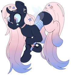 Size: 1985x2112 | Tagged: safe, artist:gnashie, oc, oc only, oc:crystal star, changeling, bandaid, blue changeling, bracelet, changeling oc, changelingified, choker, clothes, ear piercing, earring, flying, frown, horn, jewelry, long mane, long tail, looking down, piercing, simple background, socks, solo, species swap, tail, transparent background, wings