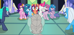 Size: 1914x926 | Tagged: safe, artist:sapphirescarletta, artist:small-brooke1998, izzy moonbow, misty brightdawn, pipp petals, sunny starscout, zipp storm, oc, oc:melody heartsong, oc:storming dust, alicorn, earth pony, pegasus, pony, unicorn, g4, g5, base used, chromia, crossover, g5 to g4, generation leap, moonracer, ponified, race swap, sunnycorn, transformers