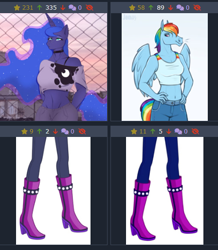 Size: 448x513 | Tagged: safe, artist:jenery, artist:stervyak, princess luna, rainbow dash, anthro, derpibooru, g4, denim, juxtaposition, juxtaposition win, meme, meta