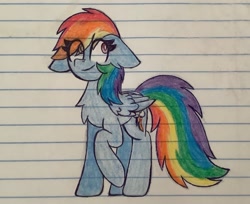 Size: 2288x1867 | Tagged: safe, artist:scarecrowkitty, rainbow dash, pegasus, pony, g4, chest fluff, ear fluff, eye clipping through hair, floppy ears, fluffy, lined paper, looking away, raised hoof, solo, traditional art