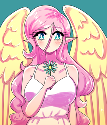Size: 1800x2100 | Tagged: safe, artist:mylittleyuri, fluttershy, human, g4, blushing, breasts, busty fluttershy, cleavage, clothes, dress, elf ears, eyebrows, eyebrows visible through hair, female, green background, humanized, looking at you, simple background, solo, winged humanization, wings
