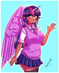 Size: 1630x2007 | Tagged: safe, artist:mylittleyuri, twilight sparkle, alicorn, human, g4, blue background, breasts, busty twilight sparkle, clothes, dark skin, elf ears, eyebrows, eyebrows visible through hair, female, horn, horned humanization, humanized, looking at you, moderate dark skin, necktie, open mouth, open smile, outline, school uniform, signature, simple background, skirt, smiling, smiling at you, solo, sweater vest, twilight sparkle (alicorn), waving at you, white outline, winged humanization, wings
