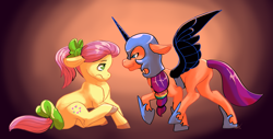 Size: 3059x1550 | Tagged: safe, artist:arky2000, nightmare moon, posey bloom, sunny starscout, earth pony, pony, g5, my little pony: tell your tale, nightmare night party, spoiler:g5, spoiler:my little pony: tell your tale, spoiler:tyts01e30, clothes, cosplay, costume, duo, duo female, evil smirk, fake horn, fake wings, female, high res, mane stripe sunny, mare, nightmare night costume, nightmare sunny, scared, smiling