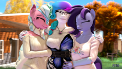 Size: 1920x1080 | Tagged: safe, artist:anthroponiessfm, oc, oc only, oc:aurora starling, oc:raven storm, oc:sugar floss, kirin, anthro, 3d, anthro oc, breasts, clothes, cute, eyes closed, female, group hug, hug, kirin oc, source filmmaker, sweater, trio, wholesome, zebra print