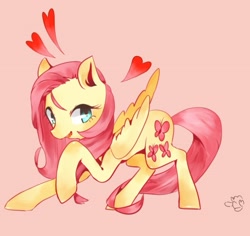 Size: 600x567 | Tagged: safe, artist:bbomi322, fluttershy, pegasus, pony, g4, cute, digital art, female, floating heart, full body, heart, looking at you, looking sideways, mare, open mouth, open smile, raised hoof, simple background, smiling, smiling at you, solo, wings