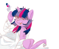 Size: 1200x1000 | Tagged: safe, artist:bbomi322, twilight sparkle, pony, g4, chest fluff, clothes, lab coat, messy mane, oversized clothes, raised hoof, simple background, sitting, solo, tongue out, twilight snapple, white background