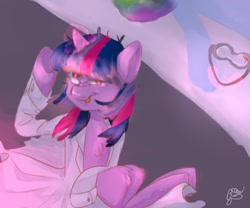 Size: 1200x1000 | Tagged: safe, artist:bbomi322, rainbow dash, twilight sparkle, pony, g4, clothes, glowing, glowing horn, goggles, horn, lab coat, looking at you, messy mane, oversized clothes, raised hoof, safety goggles, simple background, sitting, tongue out, twilight snapple