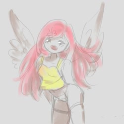 Size: 2000x2000 | Tagged: safe, artist:bbomi322, fluttershy, human, g4, female, hands behind back, high res, humanized, leaning, leaning forward, open mouth, sketch, solo, winged humanization, wings