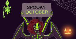 Size: 3500x1800 | Tagged: safe, artist:chapaevv, oc, oc:noelle, anthro, bone, female, halloween, holiday, looking at you, october, sign, skeleton, solo