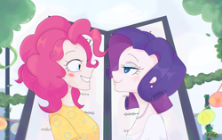 Size: 2837x1776 | Tagged: safe, artist:r-pie, pinkie pie, rarity, human, g4, the gift of the maud pie, beads, bedroom eyes, blushing, clothes, cute, date, digital art, duo, duo female, ear piercing, earring, eyelashes, female, grin, half body, humanized, jewelry, lantern, leaves, lesbian, looking at each other, looking at someone, looking into each others eyes, makeup, menu, necklace, nervous, paper lantern, pearl, piercing, pillar, rope, screenshot redraw, ship:raripie, shipping, shirt, smiling, smiling at each other, sweat, sweatdrops, t-shirt, tree, wood