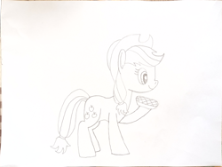 Size: 2048x1536 | Tagged: safe, artist:platinumdrop, applejack, earth pony, pony, g4, black and white, food, grayscale, monochrome, pie, simple background, sketch, traditional art, white background