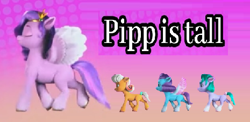 Size: 465x227 | Tagged: safe, edit, edited edit, edited screencap, screencap, glory (g5), peach fizz, pipp petals, seashell (g5), earth pony, pegasus, pony, unicorn, g5, hoof done it?, my little pony: make your mark, my little pony: make your mark chapter 2, spoiler:my little pony: make your mark chapter 2, spoiler:mymc02e07, abstract background, blatant lies, bow, coat markings, eyes closed, female, filly, foal, gradient background, group, headband, jewelry, mare, pipp is short, pipp is tall, pippsqueak trio, pippsqueaks, quartet, regalia, smiling, socks (coat markings), spread wings, sure, tail, tail bow, text, trotting, walking, where'd it go, wings