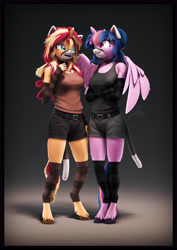 Size: 4000x5656 | Tagged: safe, artist:imafutureguitarhero, sci-twi, sunset shimmer, twilight sparkle, alicorn, classical unicorn, unicorn, anthro, unguligrade anthro, g4, 3d, absurd resolution, animal costume, arm fluff, arm freckles, bare shoulders, border, cat costume, cat ears, cat tail, cheek fluff, chest fluff, chest freckles, chromatic aberration, clothes, cloven hooves, collar, colored eyebrows, colored eyelashes, costume, crossed arms, dialogue in the description, duo, evening gloves, face mask, fangs, female, film grain, fingerless elbow gloves, fingerless gloves, floppy ears, fluffy, fluffy hair, fluffy mane, fluffy tail, freckles, fur, gloves, horn, leg fluff, leg freckles, leg warmers, leonine tail, long gloves, long hair, long mane, mare, mask, matching outfits, multicolored hair, multicolored mane, multicolored tail, open mouth, paintover, pants, peppered bacon, revamped anthros, revamped ponies, shadow, shorts, shoulder fluff, shoulder freckles, signature, smiling, socks, source filmmaker, striped gloves, striped socks, sunset shimmer is not amused, tail, tank top, twilight sparkle (alicorn), unamused, unshorn fetlocks, varying degrees of amusement, wall of tags, whiskers, wings