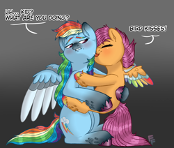 Size: 2868x2433 | Tagged: safe, artist:ponykittenboi, derpibooru exclusive, rainbow dash, scootaloo, pegasus, pony, g4, behaving like a bird, blushing, colored wings, confused, female, filly, foal, g4 to g5, generation leap, grooming, high res, holding, holding a pony, hoof polish, joke, licking, mare, multicolored wings, not shipping, preening, raised eyebrow, redesign, shitposting, sitting, tongue out, unshorn fetlocks, wings