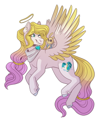 Size: 2600x3200 | Tagged: safe, artist:kikirdcz, oc, oc only, oc:angel light, pegasus, pony, rabbit, animal, clothes, colored wings, ear fluff, eyelashes, female, full body, halo, heart, hooves, jewelry, looking back, mare, nimbus, scarf, simple background, smiling, solo, tail, transparent background, two toned wings, wings