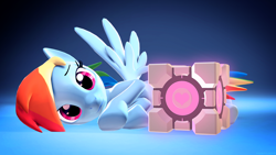 Size: 3840x2160 | Tagged: safe, rainbow dash, pegasus, pony, g4, 3d, 4k, :3, blue background, companion cube, faic, female, glowing, high res, looking at you, lying down, mare, portal (valve), portal 2, poster, simple background, smug, smugdash, solo, source filmmaker, spread wings, wallpaper, wings