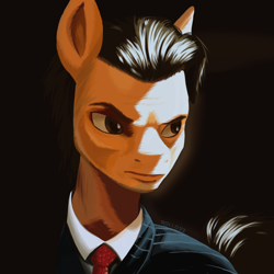 Size: 1280x1280 | Tagged: safe, artist:rollo32, earth pony, pony, g5, my little pony: make your mark, black background, brown mane, clothes, male, menacing, movie, movie reference, patrick bateman, ponified, psycho, simple background, stallion, suit