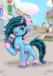 Size: 1024x1449 | Tagged: safe, artist:zsnowfilez, misty brightdawn, pony, unicorn, g5, bush, city, cloud, cup, eyelashes, female, flower pot, freckles, full body, green eyes, hooves, horn, house, houses, mare, maretime bay, road, roof, signboard, sky, smiling, smoothie, solo, that pony sure does love smoothies, unshorn fetlocks