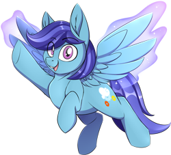 Size: 1426x1296 | Tagged: safe, artist:notetaker, oc, oc only, oc:sierra nightingale, artificial wings, augmented, digital art, ear fluff, full body, looking at you, magic, magic wings, male, open mouth, purple eyes, raised hoof, simple background, smiling, smiling at you, solo, stallion, tail, transparent background, wings