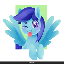 Size: 2000x2000 | Tagged: safe, artist:likhaluna, oc, oc only, oc:sierra nightingale, pegasus, pony, :p, half body, high res, looking at you, male, one eye closed, pegasus oc, purple eyes, simple background, smiling, smiling at you, solo, stallion, tongue out, wings, wink