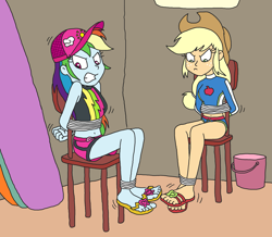 Size: 2569x2243 | Tagged: safe, artist:bugssonicx, applejack, rainbow dash, human, equestria girls, bondage, chair, clothes, gritted teeth, sandals, swimsuit, teeth, tied to chair, tied up